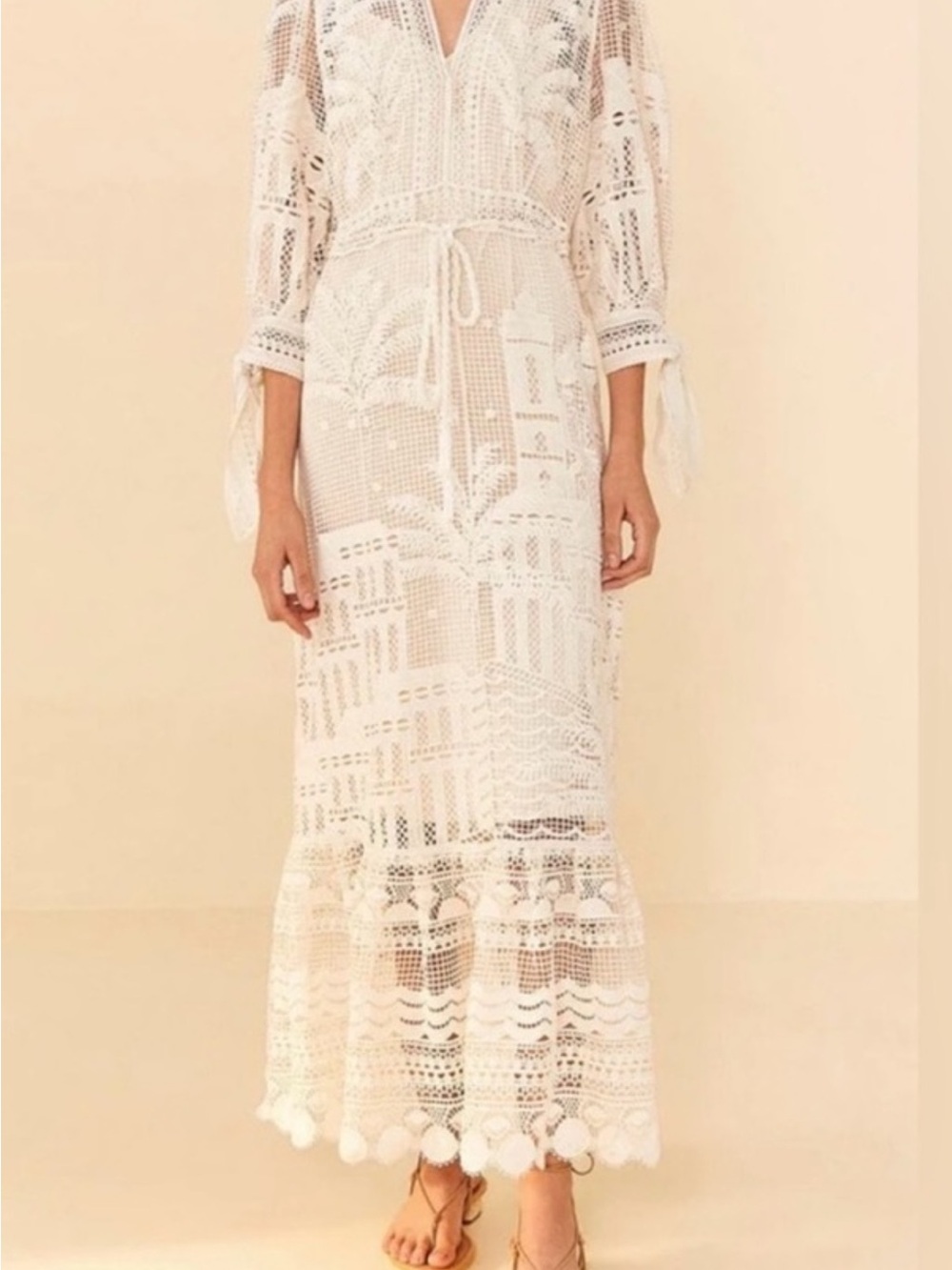 FARM Rio White Crochet Maxi Dress with Pom-Pom Hem